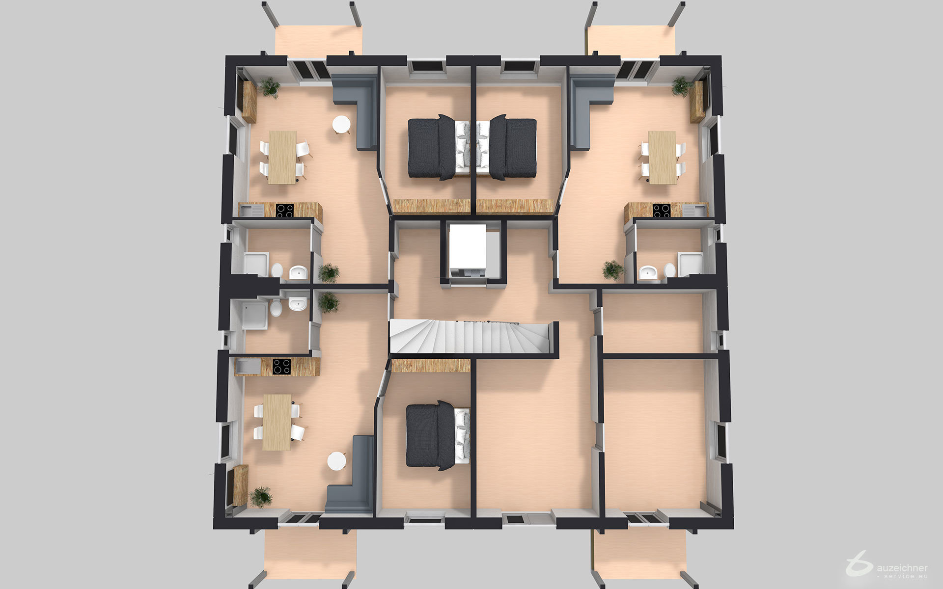 3D-Grundriss Sozialwohnungen Erdgeschoss