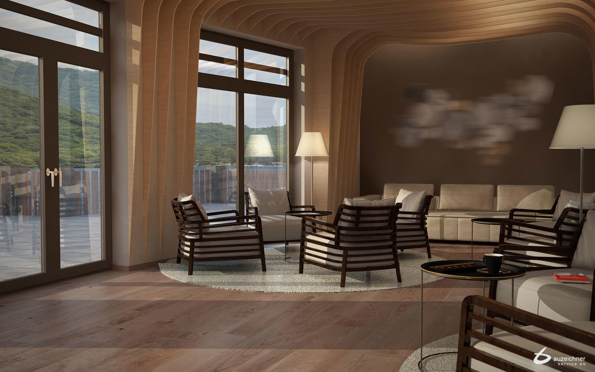 3-D Visualisierung einer Lounge mit Aussicht auf einen See