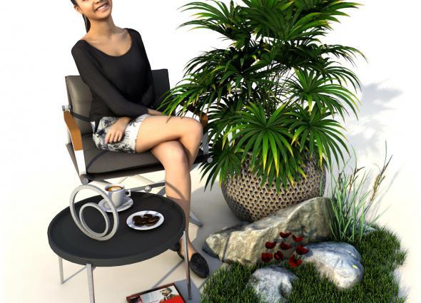 Staffage elemente wie Möbel, Menschen, Pflanzen, Gras und Dekoration für die Darstellung in Fotorealitsichen 3D Illustrationen
