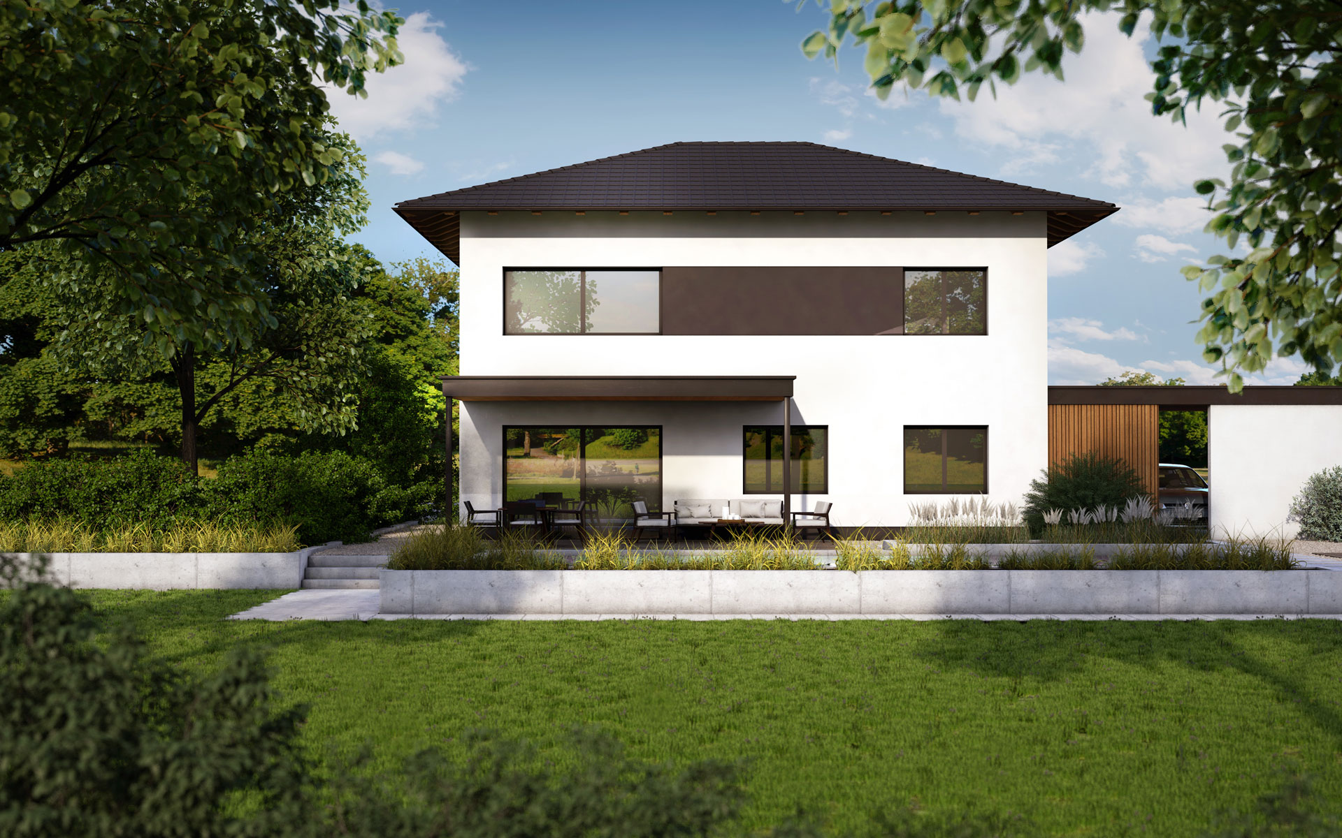 Das moderne Zuhause von morgen: Visualisierungen eines Einfamilienfertighauses mit Carport