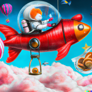 a red astronaut with a goldfish in the Sailbahn welsche rides over cotton candy