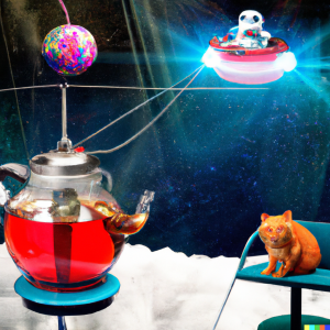 it's time for a tea a red astronaut with laser eyes and a goldfish in the cable car welsche riding over cotton candy panorama with dark atomic lighting