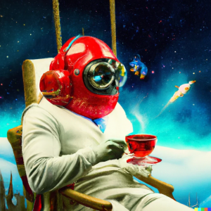 it's time for a tea a red astronaut with laser eyes and a goldfish in the cable car welsche riding over cotton candy panorama with dark atomic lighting