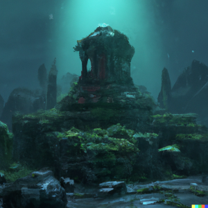 Abandoned temple on an alien rocky and foggy planet, indricate lighting, rain