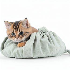 baby cat in coarse fabric bag fallen over, white background