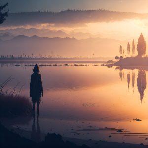 lonely woman at the beach of a lake on an strange alien planet. looks into the distance. fog, trees and plants distant city, daylight sunset photorealistic rendering
