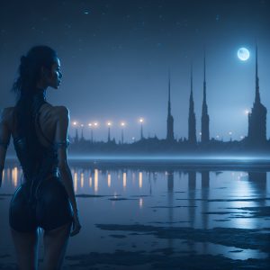 woman with cybernetic implants looks at the beach of a lake on an alien planet with two moons and starry sky. looks into the distance. fog, distant city with lights, photorealistic rendering