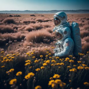 An astronaut's dream of a field of organic flowers on a fair planet. daylight, photorealistic
