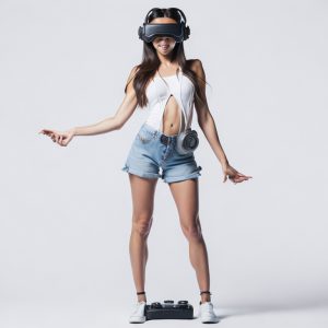 woman with VR glasses and controller, white background full body shot